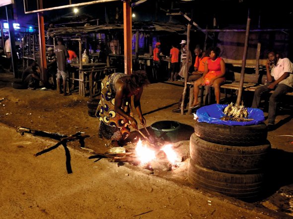 Жінка варить рибу на вогнищі біля придорожнього ринку в мозамбікському місті Бейра. Осінь 2019 року