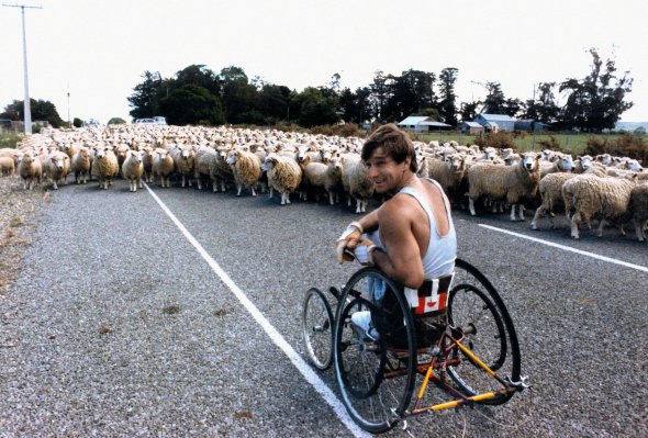 Отара овець у Новій Зеландії перекрила шлях канадському спортсмену 28-річному Ріку Гансену, який в інвалідному візку вирушив із Ванкувера в навколосвітню подорож 21 березня 1985-го. У дитинстві в автомобільній аварії ушкодив хребет. Став чемпіоном світу в марафонських заїздах у візках 1982-го, 1983-го та 1984 року і членом збірних команд Канади з волейболу й баскетболу. Мандрівкою вирішив привернути увагу до проблем лікування хребта й зібрати кошти для досліджень. Їхав по 16 год. на день, кожен четвертий – відпочивав. Зустрічався з політиками та знаменитостями. За два роки подолав 40 075 км, побував у 34 країнах на чотирьох континентах. Зібрав  млн