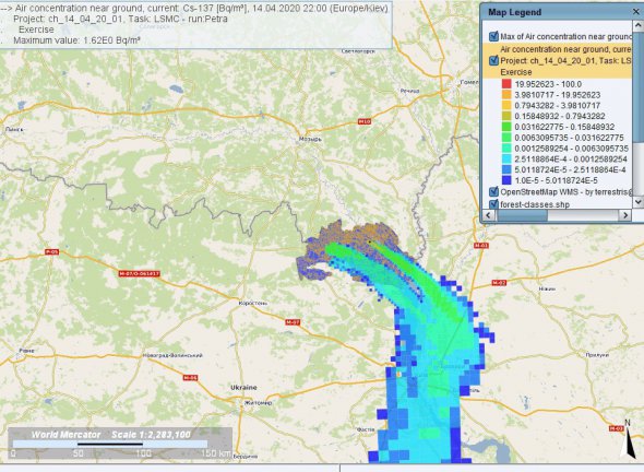 Прогноз розповсюдження потенційно забрудненого повітря в системі RODOS на період з 03:00 14 квітня до 11:00 15 квітня 2020 року
