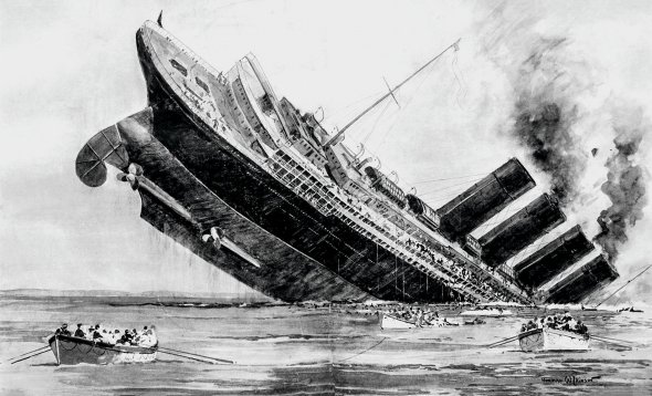 Малюнок ”Крах ”Лузитанії” опублікувала британська газета The Sphere наступного дня після торпедування пасажирського лайнера