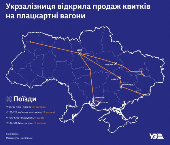 У продажу будуть квитки на два місця у плацкарті з чотирьох зліва та на одне бокове місце.