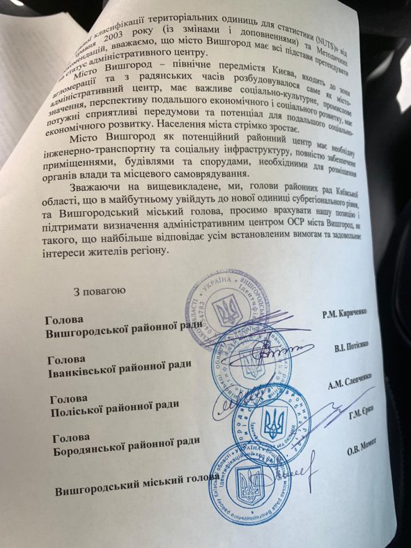 Подписи Вышгородского городского головы и райсоветов за г. Вышгород в качестве центра района