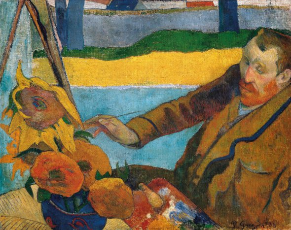 Портрет ”Ван Ґог малює соняшники” художник Поль Ґоґен (1848–1903) написав 1888-го у французькому містечку Арль. Він передбачив, що ці квіти стануть візитівкою Вінсента. Той створив 11 картин із соняшниками у вазах.  Ван Ґогу портрет не сподобався, казав, що на ньому він схожий на божевільного