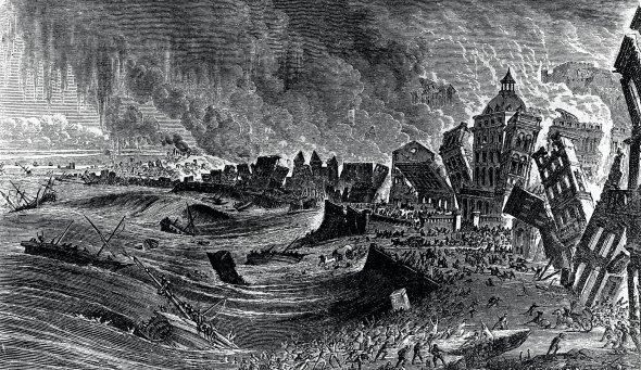 Невідомий іспанський художник зобразив на гравюрі землетрус у Лісабоні 1755-го. Майже всі будівлі міста обвалилися або згоріли. За шість хвилин загинули до 100 тисяч людей. На відбудову пішло понад п’ять років