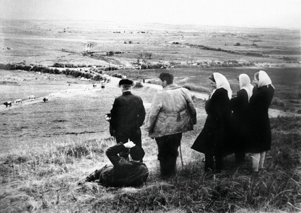 Поліна Цибенко (крайня праворуч) пасе корів з односельцями в Боровиці Чигиринського району на Черкащині навесні 1958-го. Того року людей почали відселяти через будівництво Кременчуцького водосховища