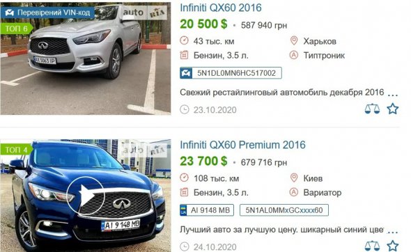 Infiniti QX60 2017 года выпуска, приобретен 18.11.2019 года. Цена согласно декларации 228 443 грн. На сайте AUTO.RIA цена такого автомобиля колеблется в среднем от 000 до 000