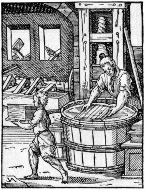 Середньовічна гравюра із зображенням процесу виробництва паперу